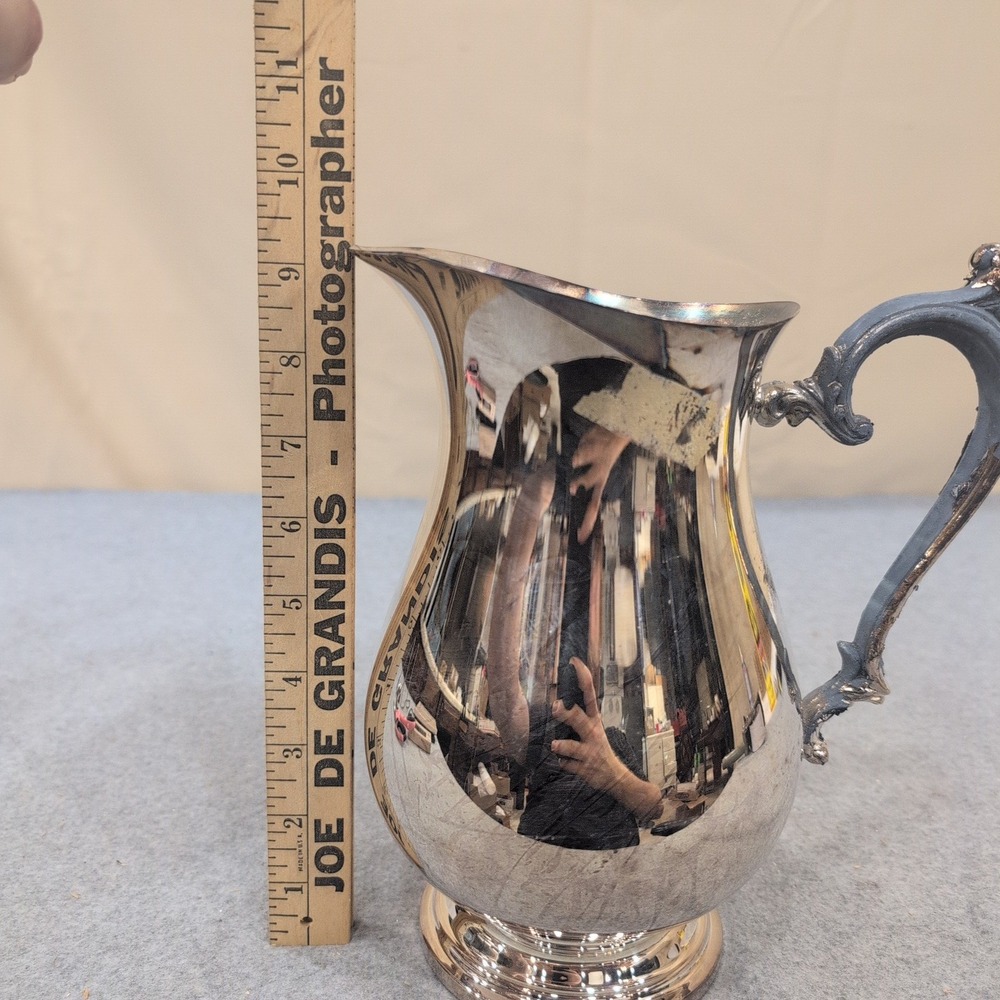Vintage Silver Plated Water Pitcher Ornate Scroll Handle Pedestal Base Jug - Picture 6 of 6